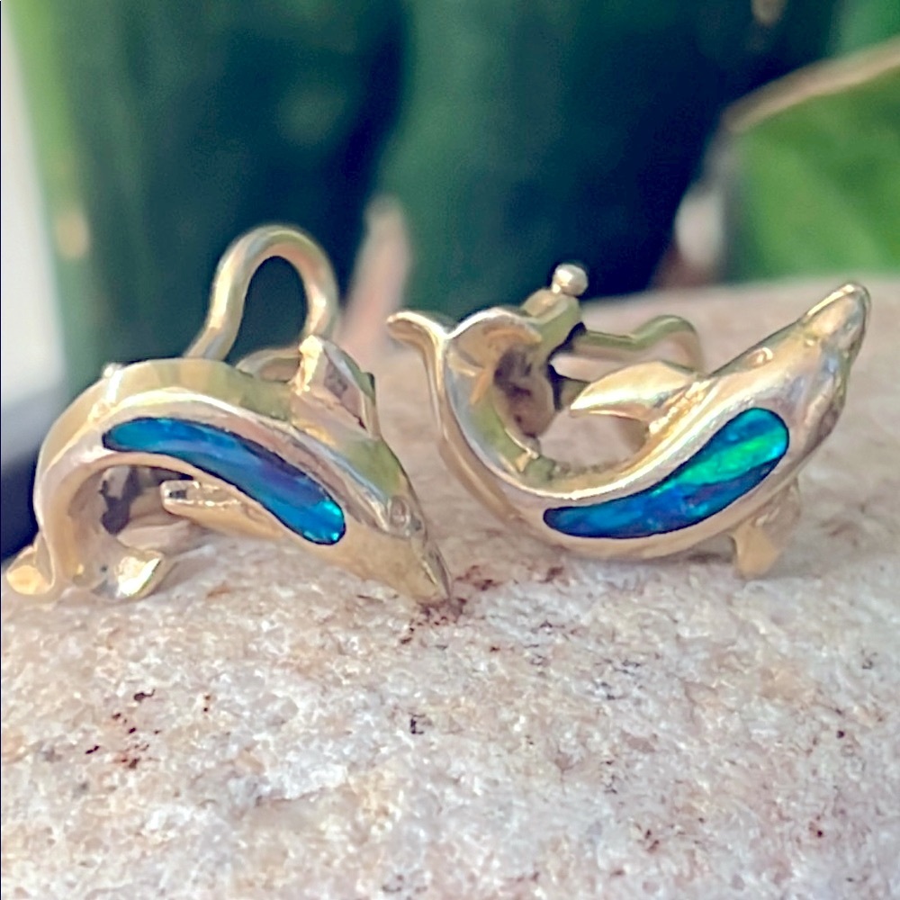 14 karat gold and opal Dolphin Earrings
